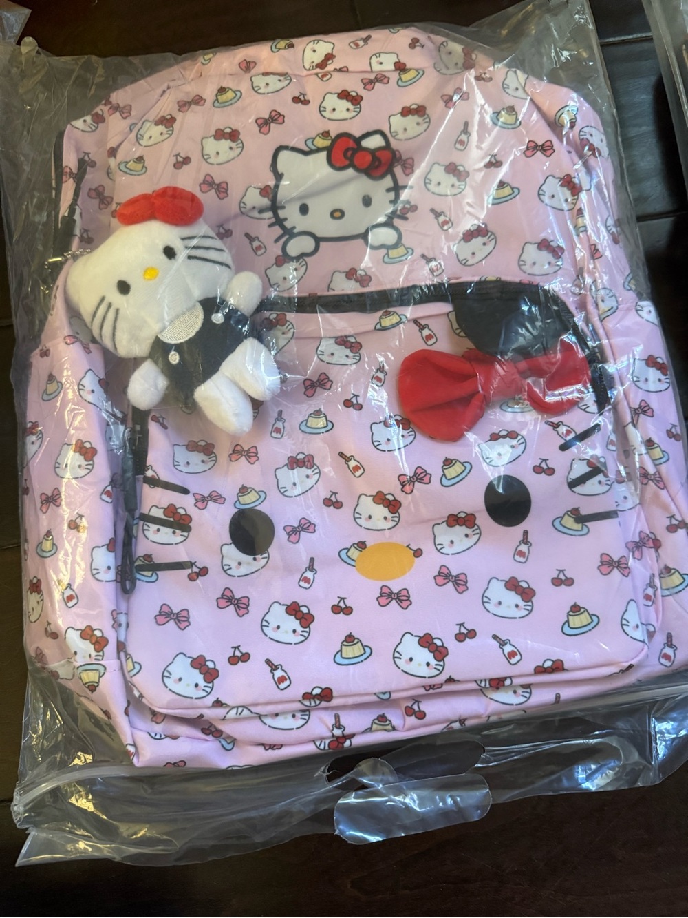 New Hello Kitty Pink Backpack with Red Bow and Plush Charm